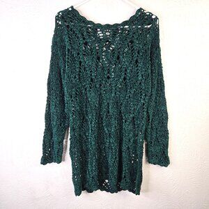 VTG Express Handknit Sweater XS Green Crochet Open Knit Fairy Core Long Sleeve